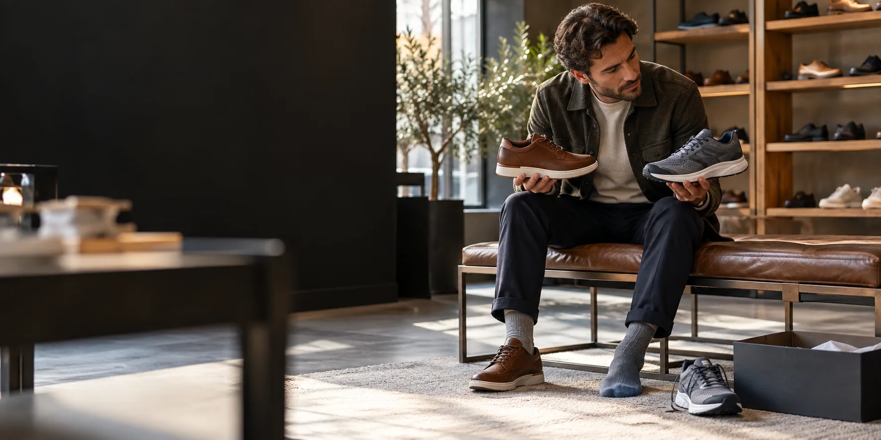 Bezoeker vergelijkt schoenen op pasvorm en gebruik