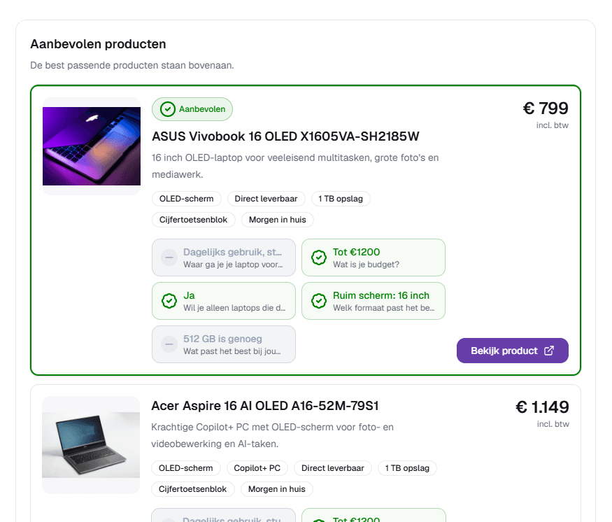 Aanbevolen laptopproducten met productmatch