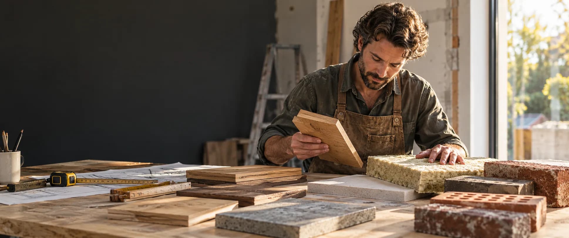 Vakmens vergelijkt hout, isolatie en metselmaterialen voor een project