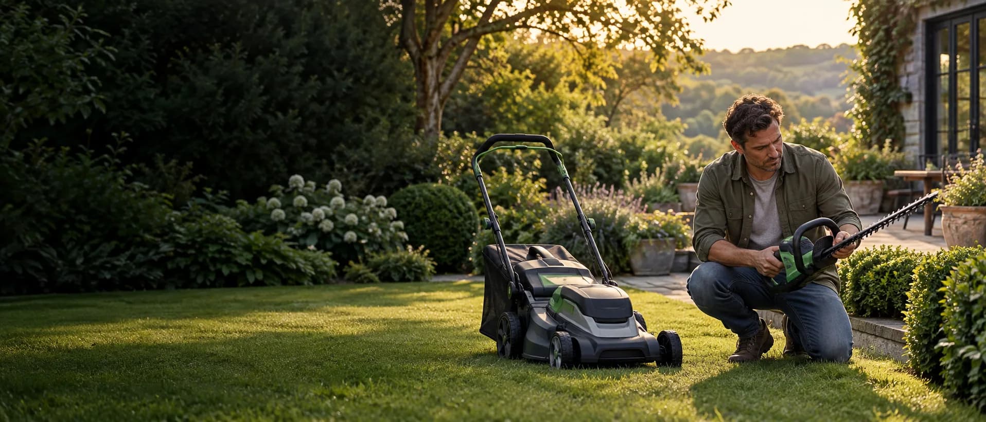 Tuinbezitter vergelijkt machines voor verschillende tuinklussen